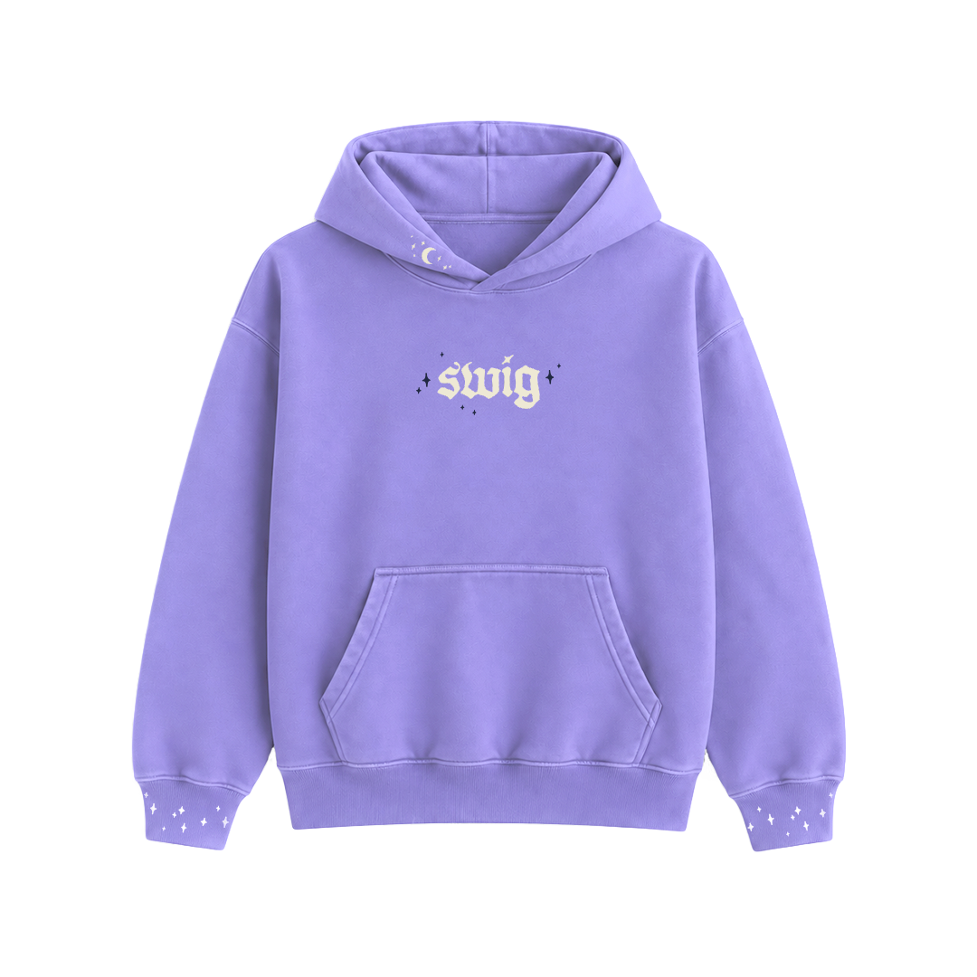 Front of the purple Midnight Mix Society hoodie with cream Swig lettering, crescent moon hood and star cuffs.