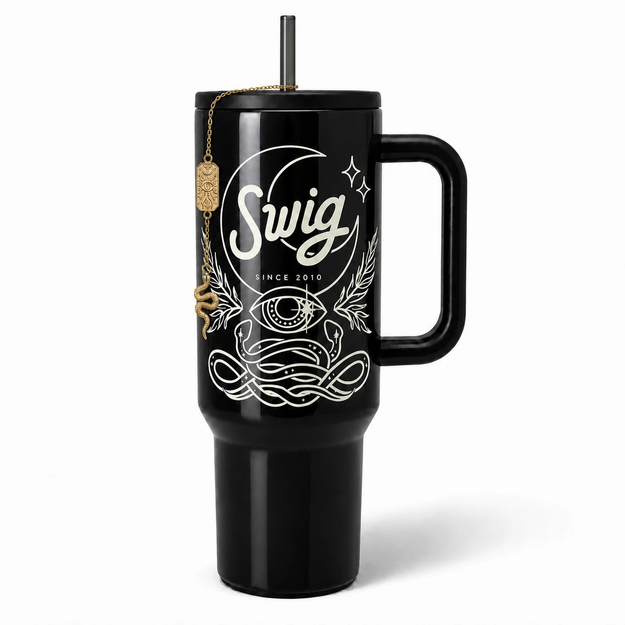 Witching Hour tumbler, back: crescent moon and star artwork that glows in the dark.