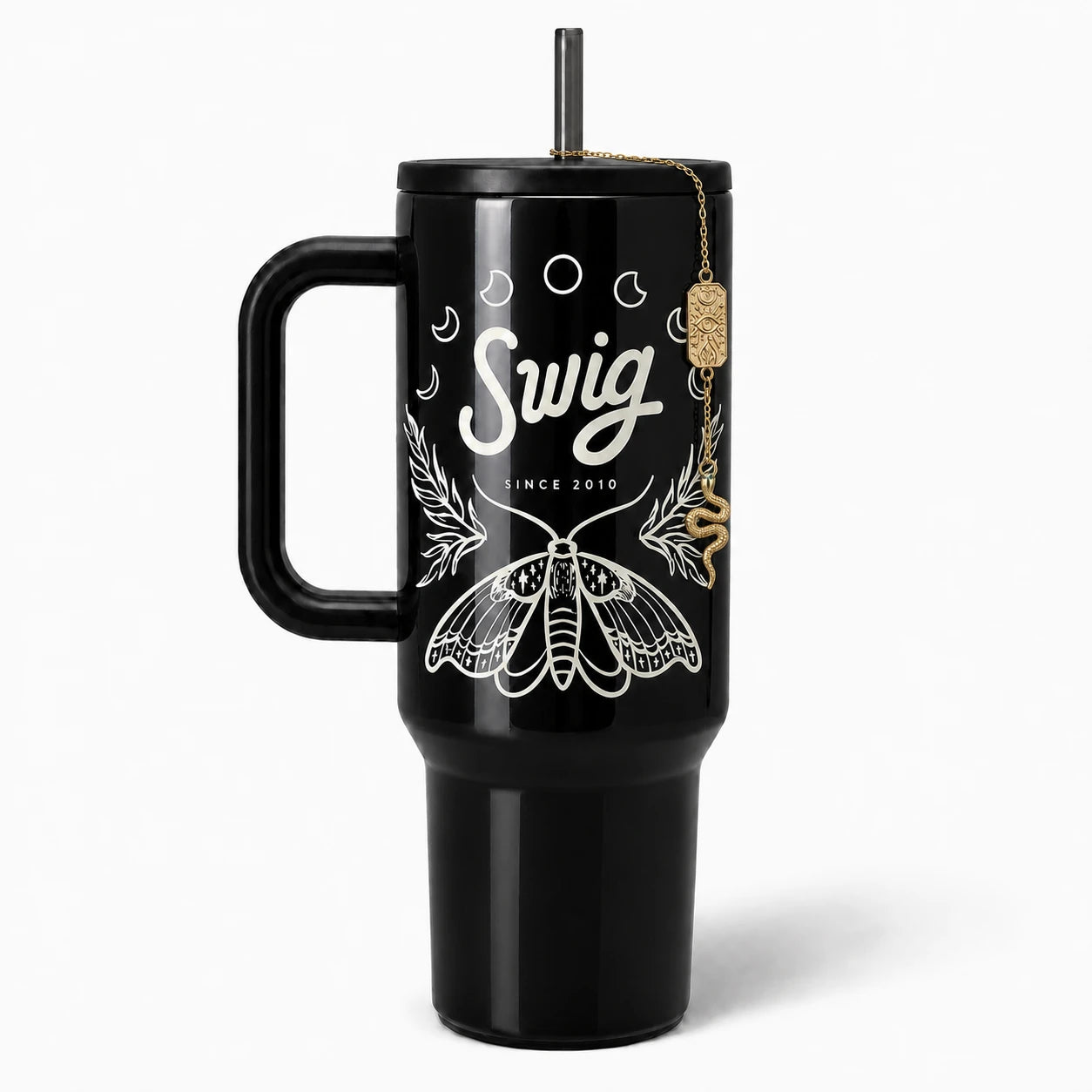 Witching Hour tumbler, front: moth and celestial artwork that glows in the dark.