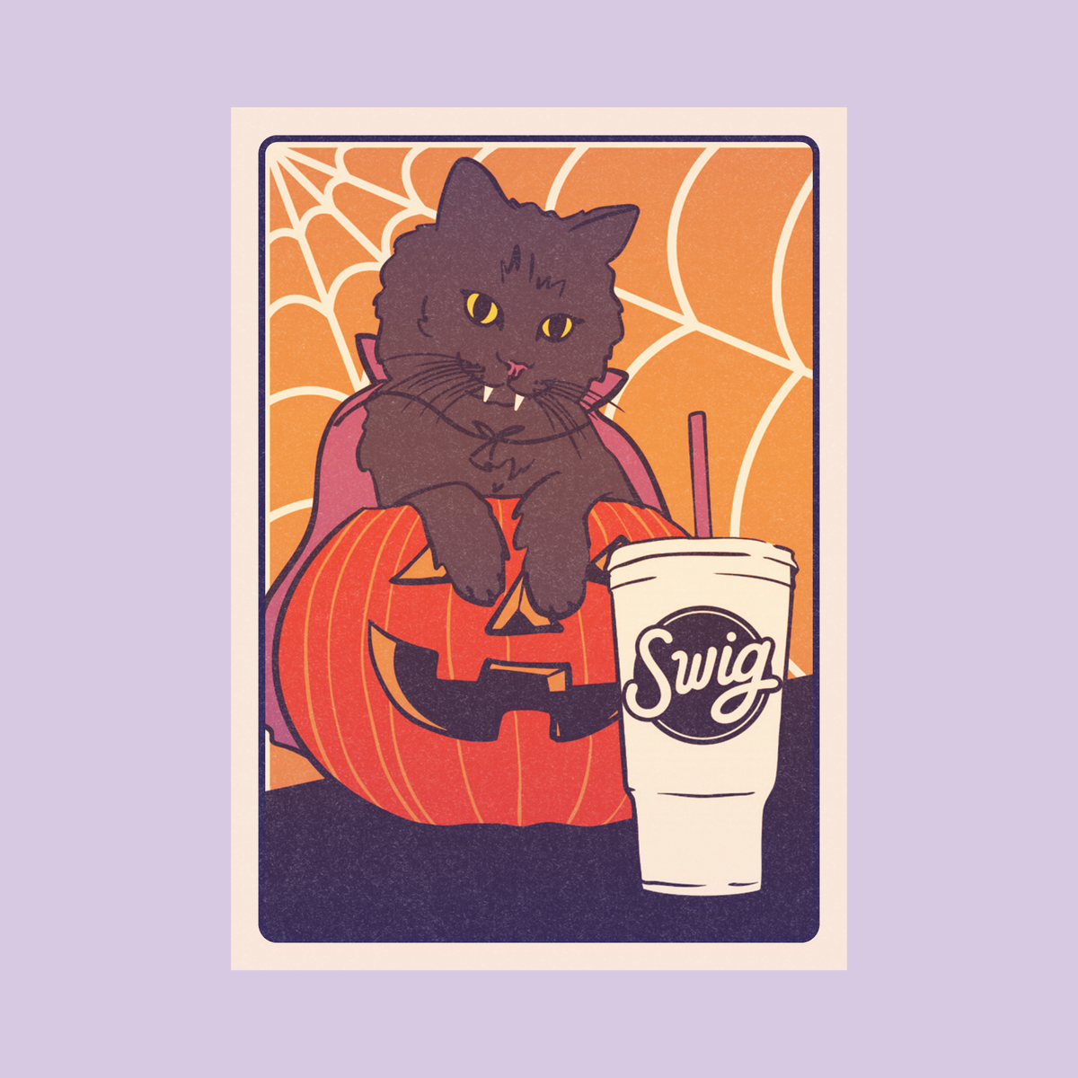 Halloween Exchange Card with a black cat, pumpkin, and Swig drink.