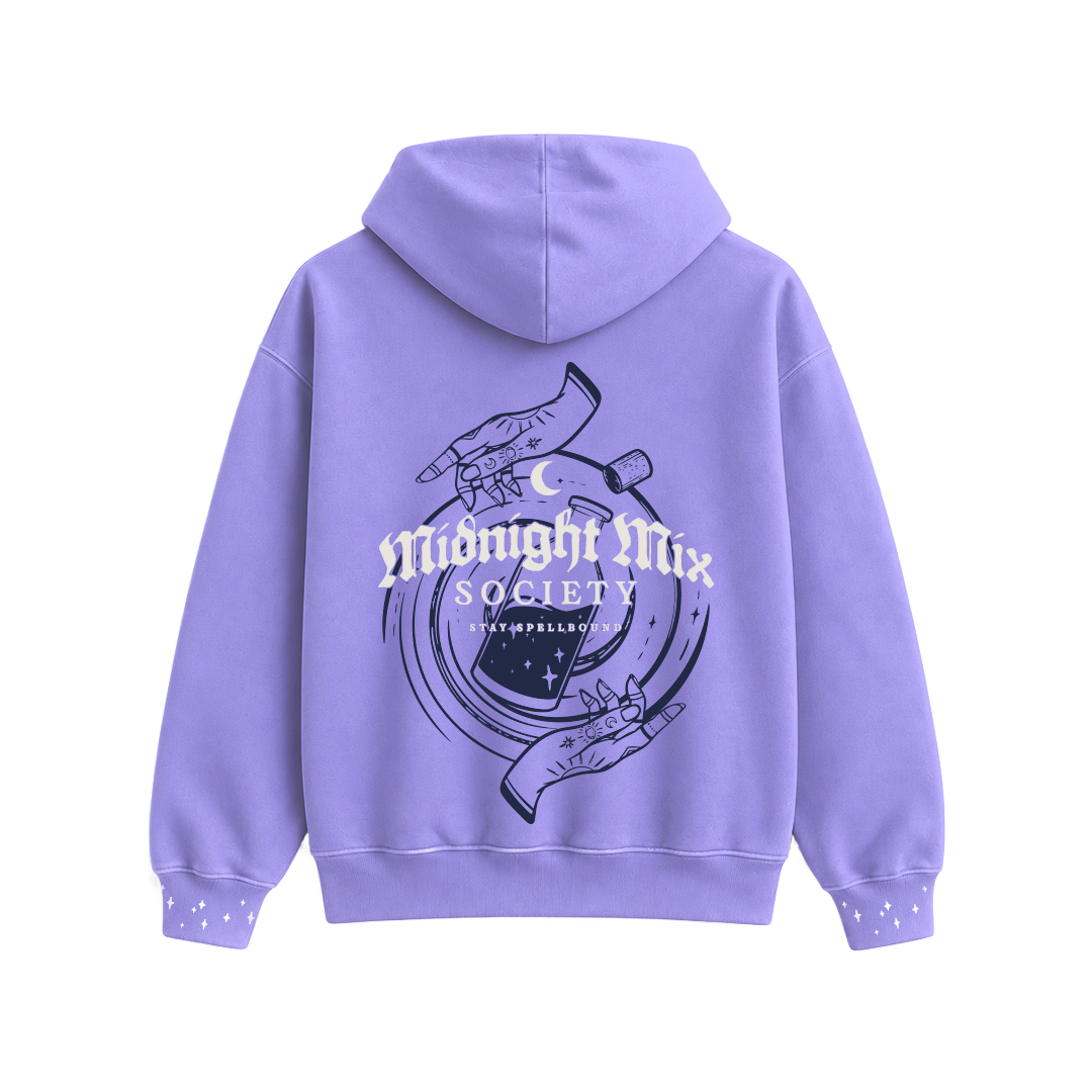 Back of the purple Midnight Mix Society Hoodie, with illustrated hands, drink artwork, white lettering and star details on the cuffs.