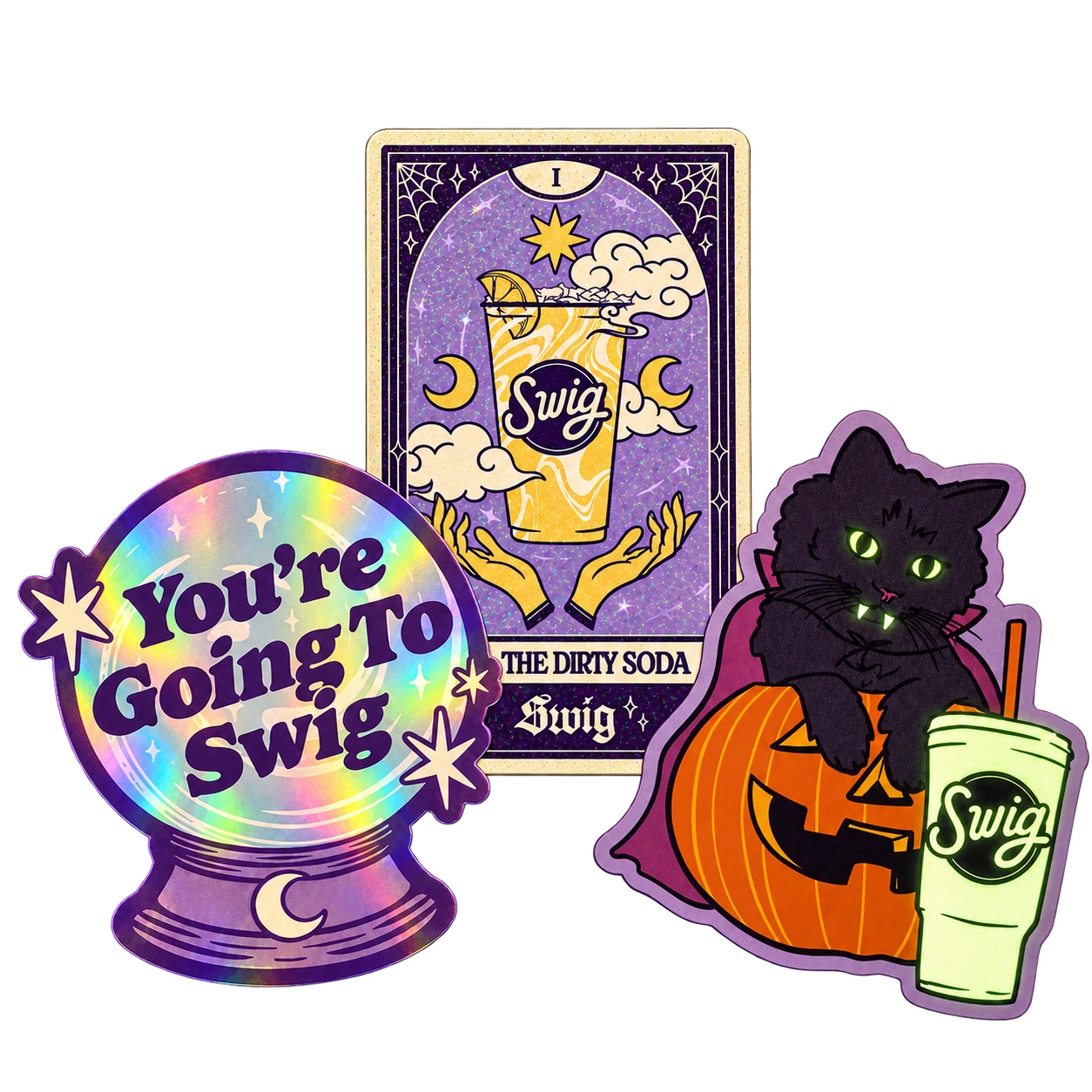 Halloween sticker artwork featuring a crystal ball, a tarot style drink, and a black cat with a pumpkin.